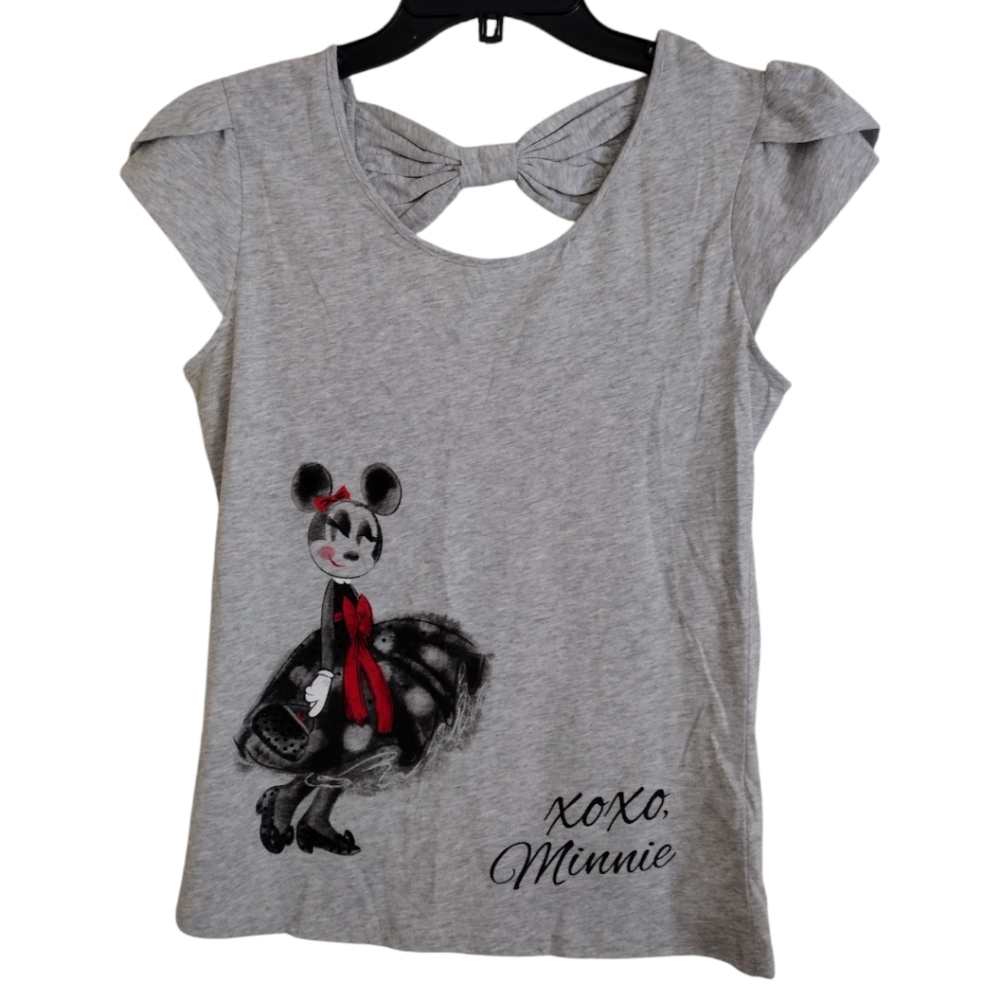Disney grey short sleeve top with Minnie Mouse image bow at back of neck Small